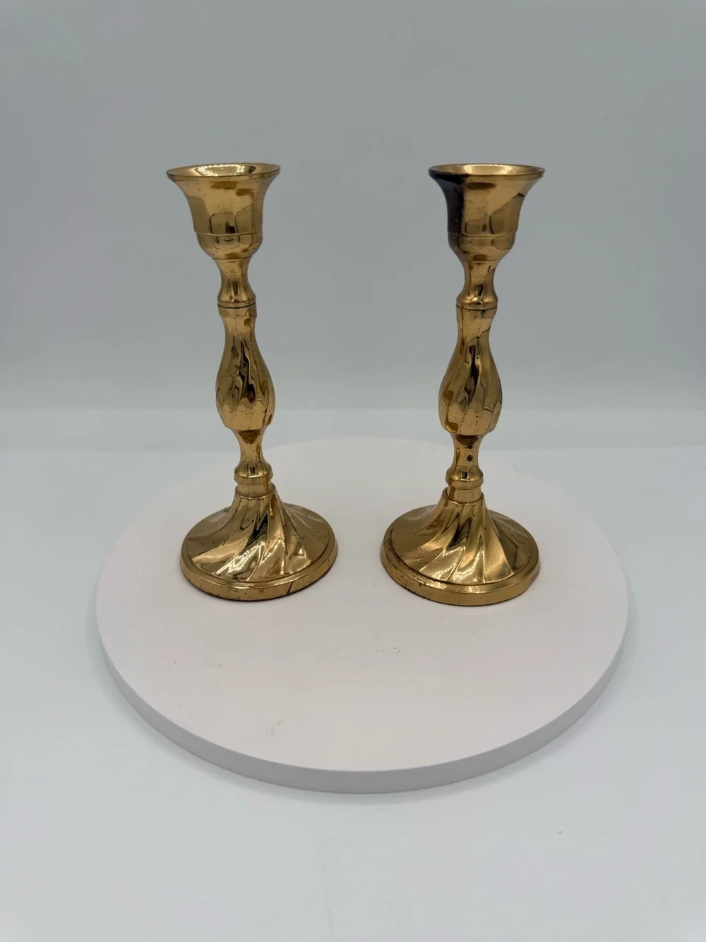 Vintage Polished Brass Taper Candlestick Holders, Swirl Twisted Stem Design - Pa